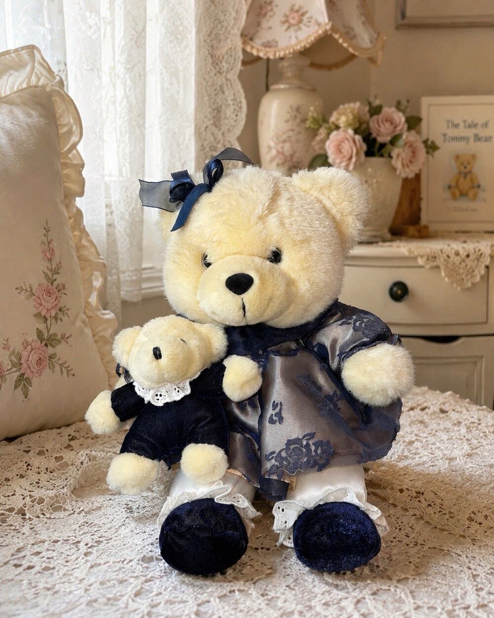 Vintage Plush Teddy Bear Holding Baby Bear Blue Dress Unbranded 12” Stuffed